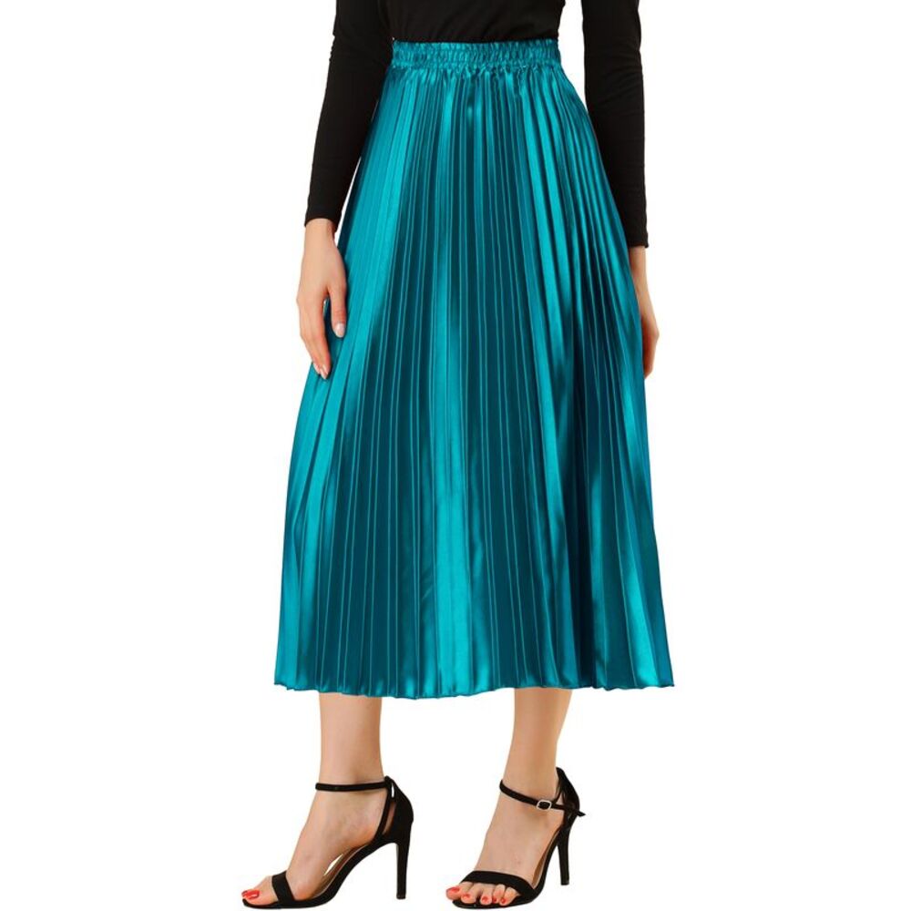 Elastic Waist Metallic Shiny Accordion Pleated Midi Skirt Peacock Blue